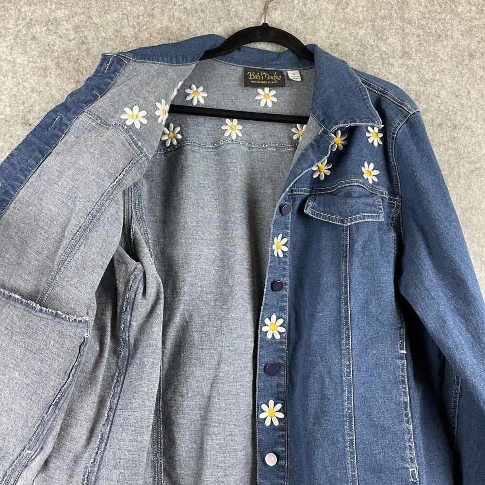 Bob Mackie Wearable Art Jacket Womens XL Denim Embroidered Flower Daisy Stretch - Picture 5 of 15